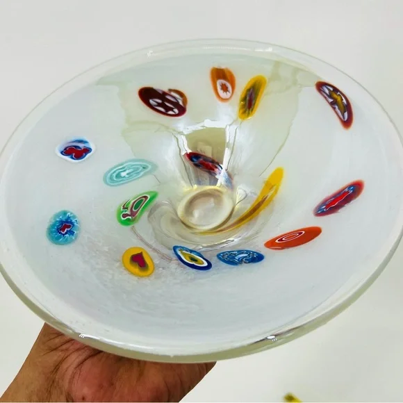 Vintage Lavorazione Murano Millefiori White Glass CenterPiece Bowl Italy